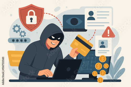 Hacker stealing credit card data and personal information from computer. Cyber security breach concept with thief, password, and malware. Phishing, fraud, and identity theft vector.