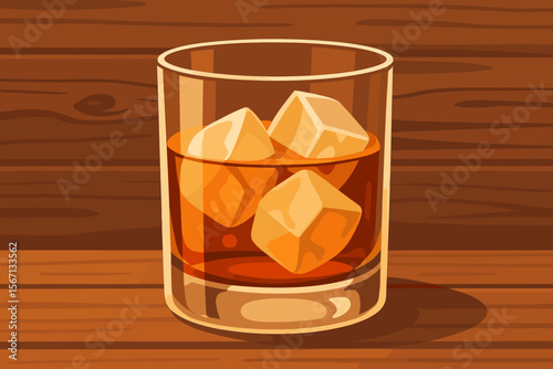 Glass of whiskey with ice cubes on a wooden table background. Bourbon or scotch on the rocks concept. Modern flat vector cartoon illustration for bar menu, pub, or party poster.
