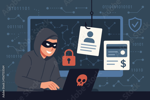 Phishing attack and cybercrime vector concept. Hacker in hoodie stealing personal data and credit card information from a computer. Internet fraud, data theft, malware, and security threat.