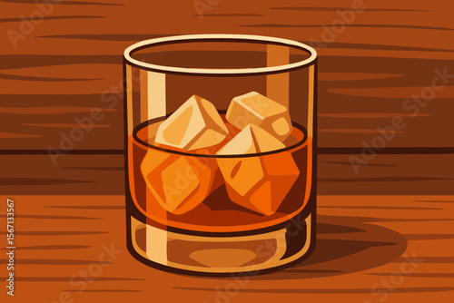Whiskey glass with ice on the rocks. Bourbon or scotch alcoholic beverage on a wooden table. Modern flat vector cartoon illustration for bar menu, party poster or drink concept.