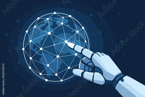 Robot hand touching a glowing global futuristic network connection. AI, artificial intelligence, IoT, innovation and technology concept. Modern flat vector cartoon illustration.