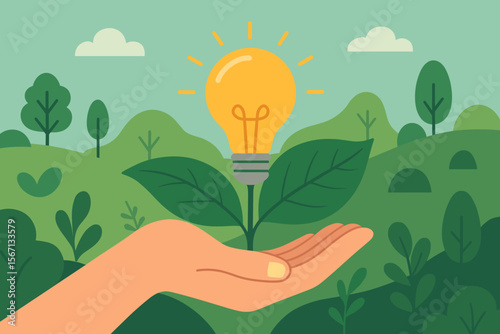 Hand holding a light bulb growing from a plant. Green energy concept for sustainable development and environmental conservation. Eco innovation and business responsibility for growth.