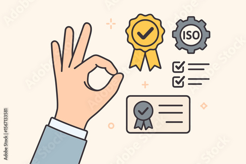 Quality Assurance Certification Concept. Hand Showing OK Sign for Top Service. ISO Standard, Product Guarantee, Compliance, Award Ribbon, Certificate, Checklist, Business Excellence, Standardization