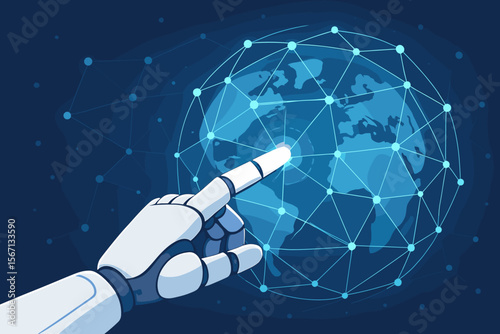 Robot hand touching global network connection. Artificial intelligence, AI, IoT, and big data concept. Futuristic technology, innovation, and digital transformation. Modern vector illustration.