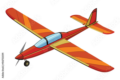 A Cartoon Airplane with Red Body, Orange Wings and Tail, and Blue Windshield Flying High
