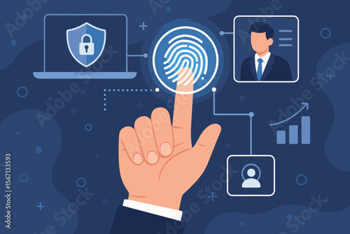 Fingerprint Authentication for Secure Business Data Access. Biometric Identification, E-KYC, Digital Security, Cyber Protection, Identity Verification, Technology, Personal Information Safety Concept