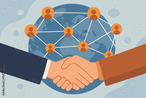 Global business partnership handshake, international teamwork, network connection, collaboration, corporate agreement, diverse people, social networking, flat vector illustration, world map background