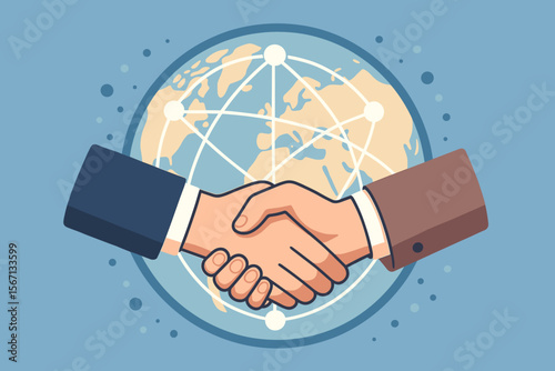 Global Business Partnership Handshake. International Cooperation, Networking, Teamwork, Agreement, Collaboration. Two Businessmen Shaking Hands with Connected World Map Background. Vector Illustration