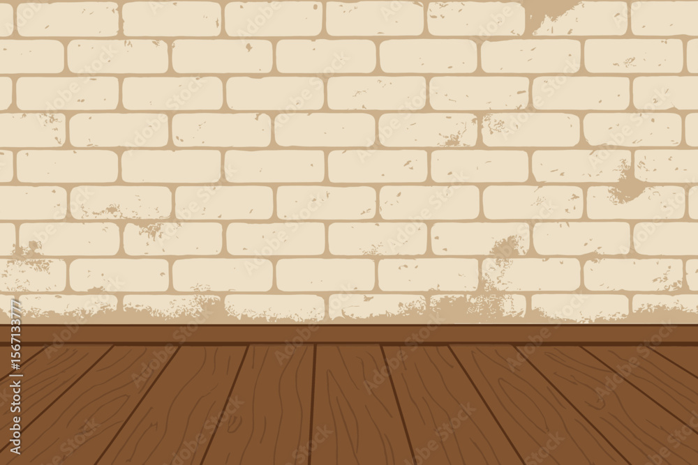 Vintage white brick wall with distressed texture and old brown wooden floor background, grunge dust and grime effect, empty interior room, modern flat vector cartoon illustration for design projects