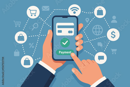 Mobile payment and online shopping concept with customer hand using smartphone for secure digital transaction, e-commerce icons, global network, fintech, banking, technology, flat vector illustration