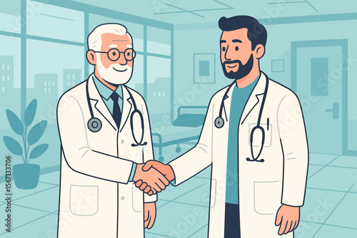 Senior and Young Doctors Shaking Hands in Hospital Office. Medical Teamwork, Professional Collaboration, Healthcare Staff Partnership, Modern Flat Vector Illustration, Clinic Interior Background