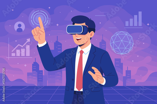 Metaverse technology concept. Businessman in suit using VR virtual reality headset interacting with futuristic digital interface, data analytics, augmented reality, virtual world, business innovation