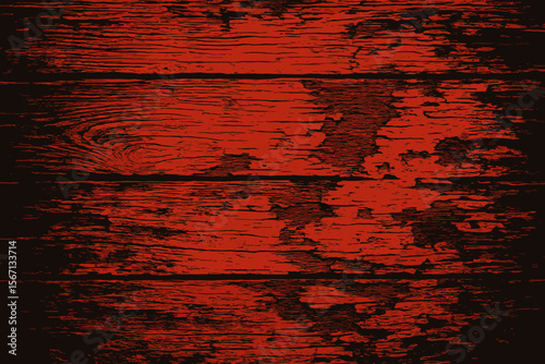 Distressed Red Wood Plank Texture Background. Grunge Rotten Timber Surface With Peeling Paint, Abrasion, Weathered Vintage Rustic Board. Modern Vector Illustration For Design And Decoration