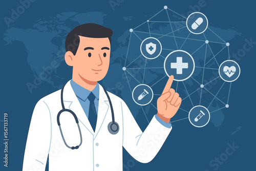 Doctor with stethoscope interacting with digital medical network interface, healthcare technology, global medicine, virtual health icons, telemedicine, innovation in modern healthcare system