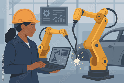 Female engineer controls and monitors robotic welding arms in smart automotive factory. Industrial automation, manufacturing technology, artificial intelligence, production line, monitoring software.