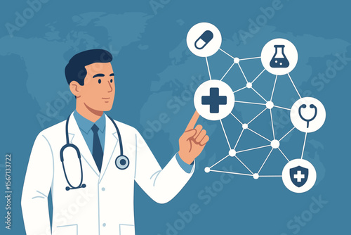 Doctor with Stethoscope Touching Medical Network Icons, Healthcare Technology, Digital Medicine, Global Health Connection, Modern Virtual Interface, Innovation in Medical Science Concept
