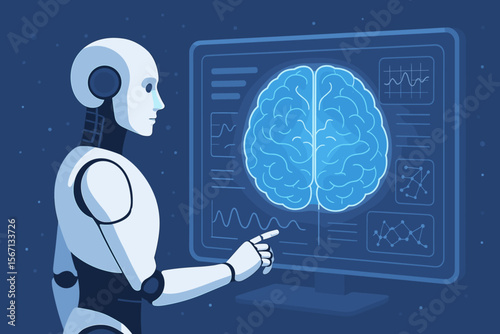 Futuristic Robot Analyzing Human Brain Scan on Digital Interface, Artificial Intelligence Neural Network, Advanced Medical Technology, Science Innovation, Data Visualization, Machine Learning Vector