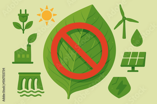 Prohibition Sign on Green Leaf with Renewable Energy Icons. Ban on Eco-Friendly Power Sources. Sustainable Development, Solar, Wind, Hydro, Green Energy Concept. Flat Vector Illustration
