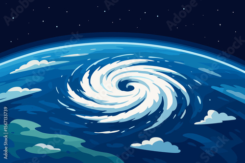 Vivid hurricane cyclone storm over blue planet Earth viewed from space, swirling clouds, atmosphere, meteorology, natural disaster, satellite perspective, flat modern vector cartoon illustration