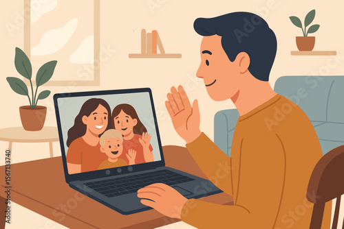 Father video calling happy family on laptop at home, remote communication, online connection, virtual meeting, technology, love, emotion, distance relationships, internet, digital lifestyle