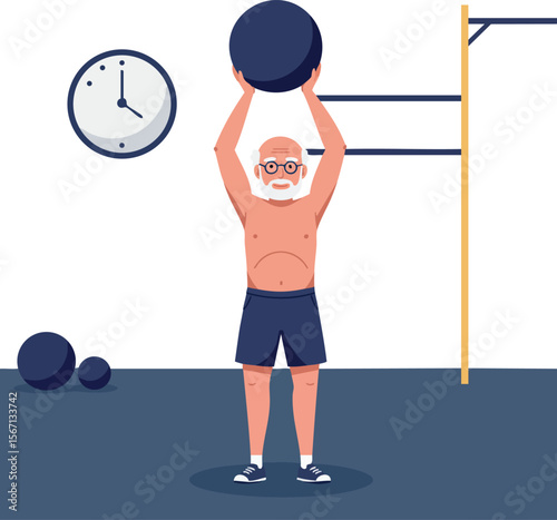 Elderly man exercising with heavy ball in gym fitness workout routine illustration 