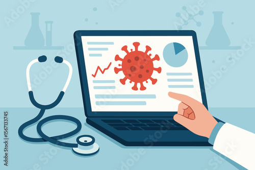 Doctor analyzing coronavirus covid-19 data on laptop in laboratory. Medical research, pandemic statistics, healthcare technology, stethoscope, virus outbreak, flat vector illustration concept