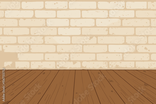 Vintage wooden floor and white brick wall background. Rustic interior scene with aged planks, textured bricks, dust, grime, empty room. Modern flat vector illustration for design, mockup, template