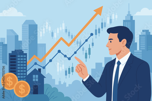 Real estate investment and stock trading concept. Businessman analyzing financial growth, rising graph, candlestick chart, money, banking, skyscrapers, urban cityscape. Modern flat vector illustration