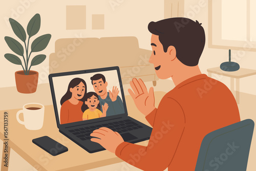Remote family video call communication. Man waving to happy family on laptop at home. Online connection, digital technology, virtual meeting, internet chat, distant relationships, staying connected