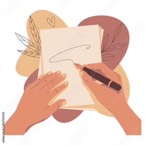 Hands Writing with Fountain Pen on Beige Paper Abstract Background