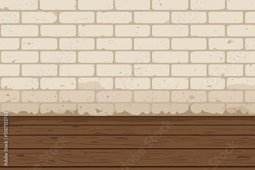 Vintage brown wooden floorboards with textured white brick wall background, dust and grime stains, rustic retro interior, empty room scene, modern flat vector illustration for design projects