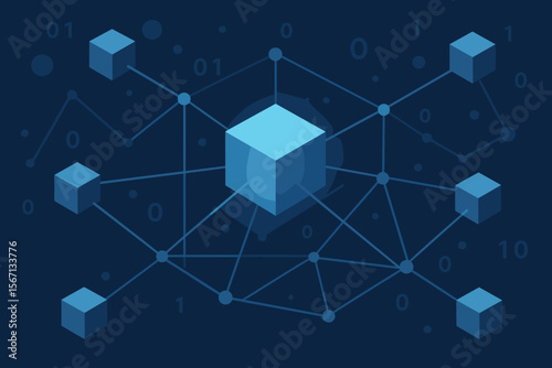 Blockchain technology network structure. Digital data connection. Futuristic distributed ledger. Decentralized system. Cryptocurrency. Secure transaction. Modern blue vector illustration