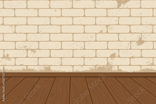 Vintage white brick wall with distressed texture and old brown wooden floor background, grunge dust and grime effect, empty interior room, modern flat vector cartoon illustration for design projects