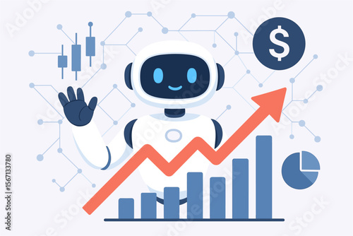 Artificial Intelligence Robot Analyzing Stock Market Data, Financial Growth Chart, Investment Automation, Trading Bot, Digital Assistant, Modern Technology, Finance Network Vector Illustration
