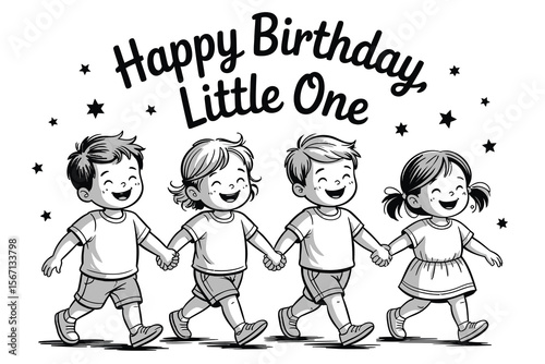 Happy Birthday Little One Four Kids Walking Holding Hands Black and White Illustration