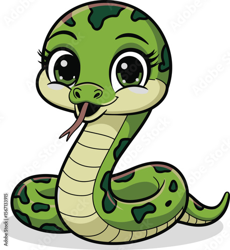 Cute cartoon snake vector with big eyes green body and forked tongue for reptile animal jungle and kids fun
