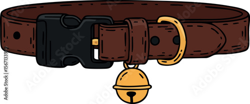 Brown leather pet collar with golden bell and black buckle vector illustration 