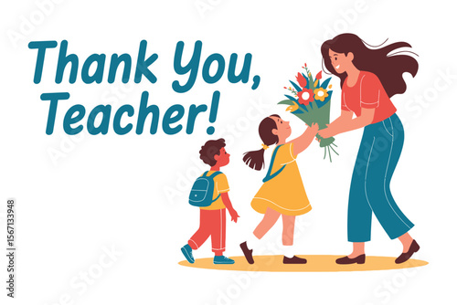 Two Children Giving Flowers to Teacher Thank You Teacher Illustration