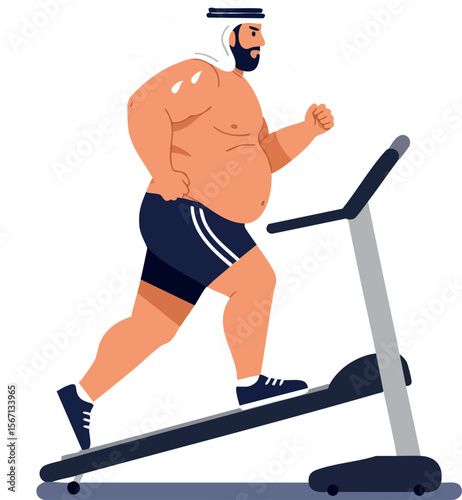 Overweight man running on treadmill exercising for fitness and health improvement vector illustration 