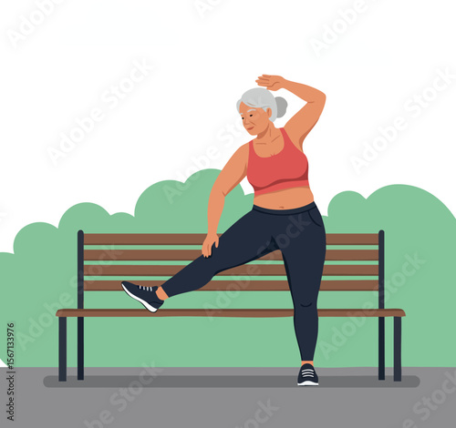 Mature woman stretching leg exercise near park bench in casual sportswear vector illustration 