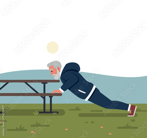 Older man doing incline push ups on picnic table in outdoor park exercise routine 