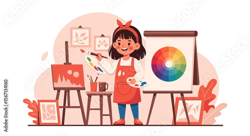 Enthusiastic Little Artist Creating Colorful Artwork In Her Studio