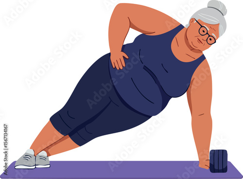 Senior woman exercising side plank workout on purple mat vector illustration 