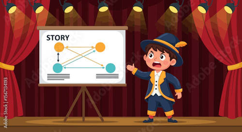 Cartoon Storyteller Explaining Plot Details Onstage During Storytelling Performance