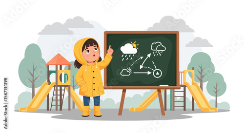 Young Student Explaining Weather Cycle Depicted On Chalkboard Outdoors