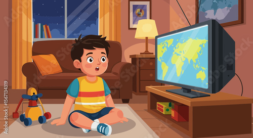 Intrigued Boy Watching Educational Program on TV in the Living Room