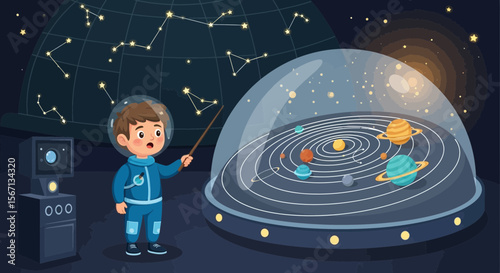 Adventurous Boy Exploring Solar System Under Constellations Planetarium Concept