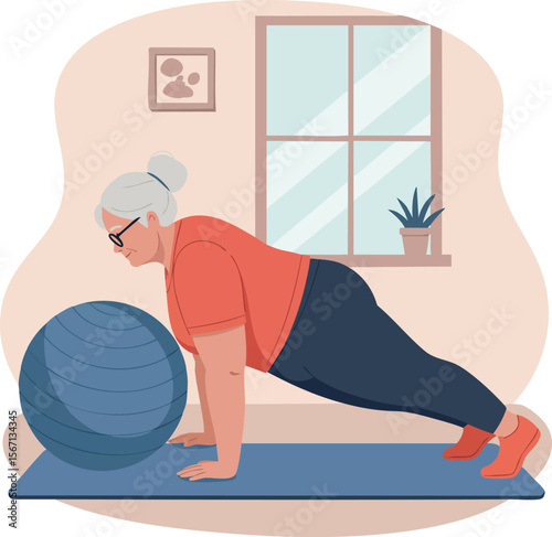 Senior woman exercising with fitness ball indoors for healthy lifestyle and wellness 