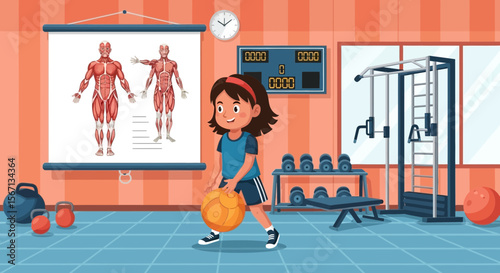 Cartoon Girl Exercising with Medicine Ball Inside a Gym With Training Equipments