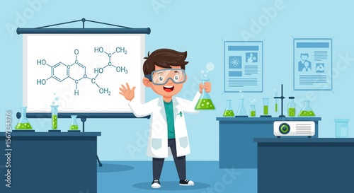 Enthusiastic Young Scientist Conducts Chemistry Experiments in Laboratory